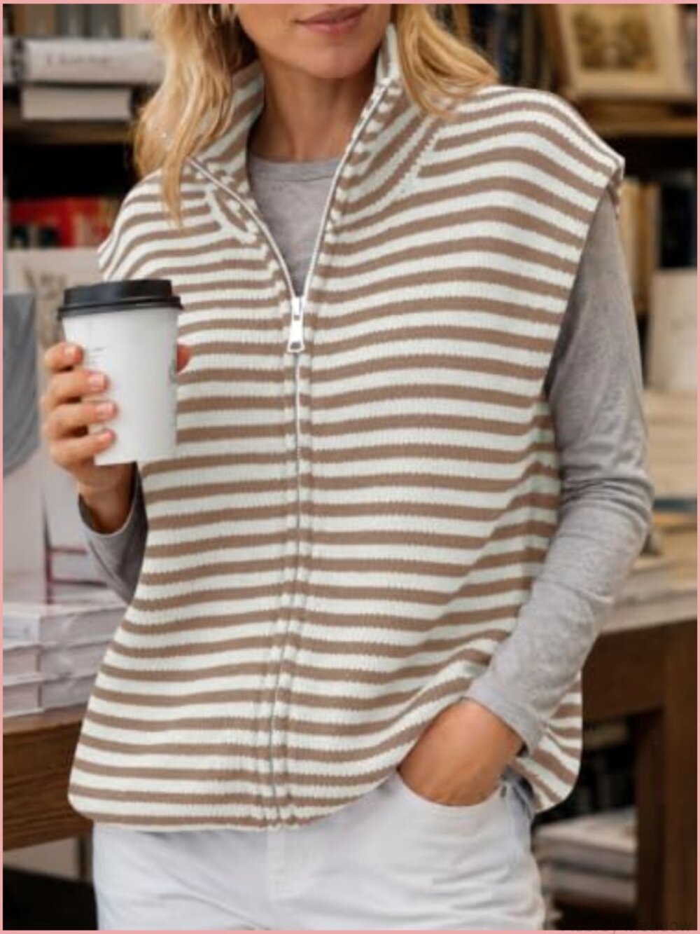 Womens Striped Zip Up Cardigan Mock Neck Cap Sleeve Sweater Vest Knit Top - Picture 3 of 6